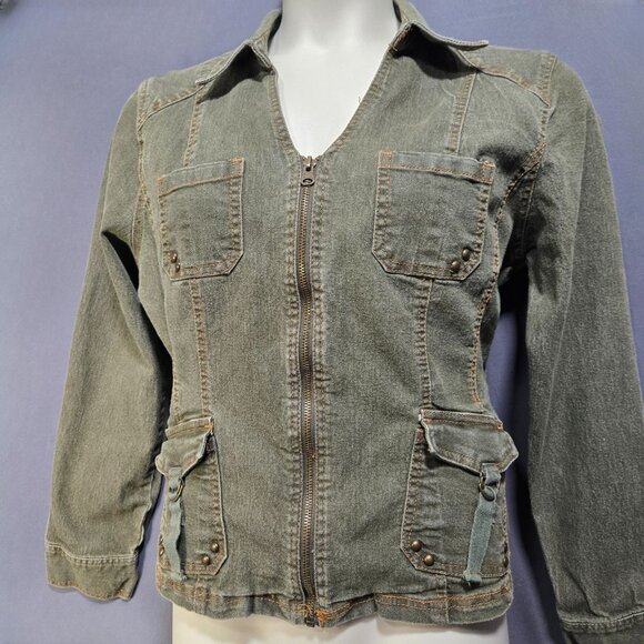 Y2K Fitted Denim Utility Jacket Size XXL Green Full Zip Flap Pockets Grunge - Picture 1 of 16